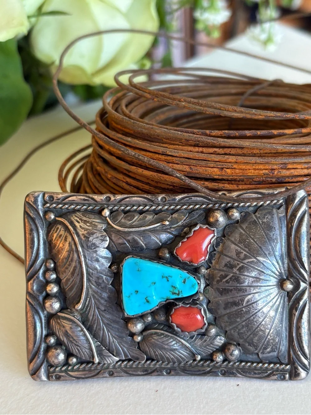 Sterling Silver Turquoise & Coral Inlay Western Belt Buckle Vintage E. Spencer